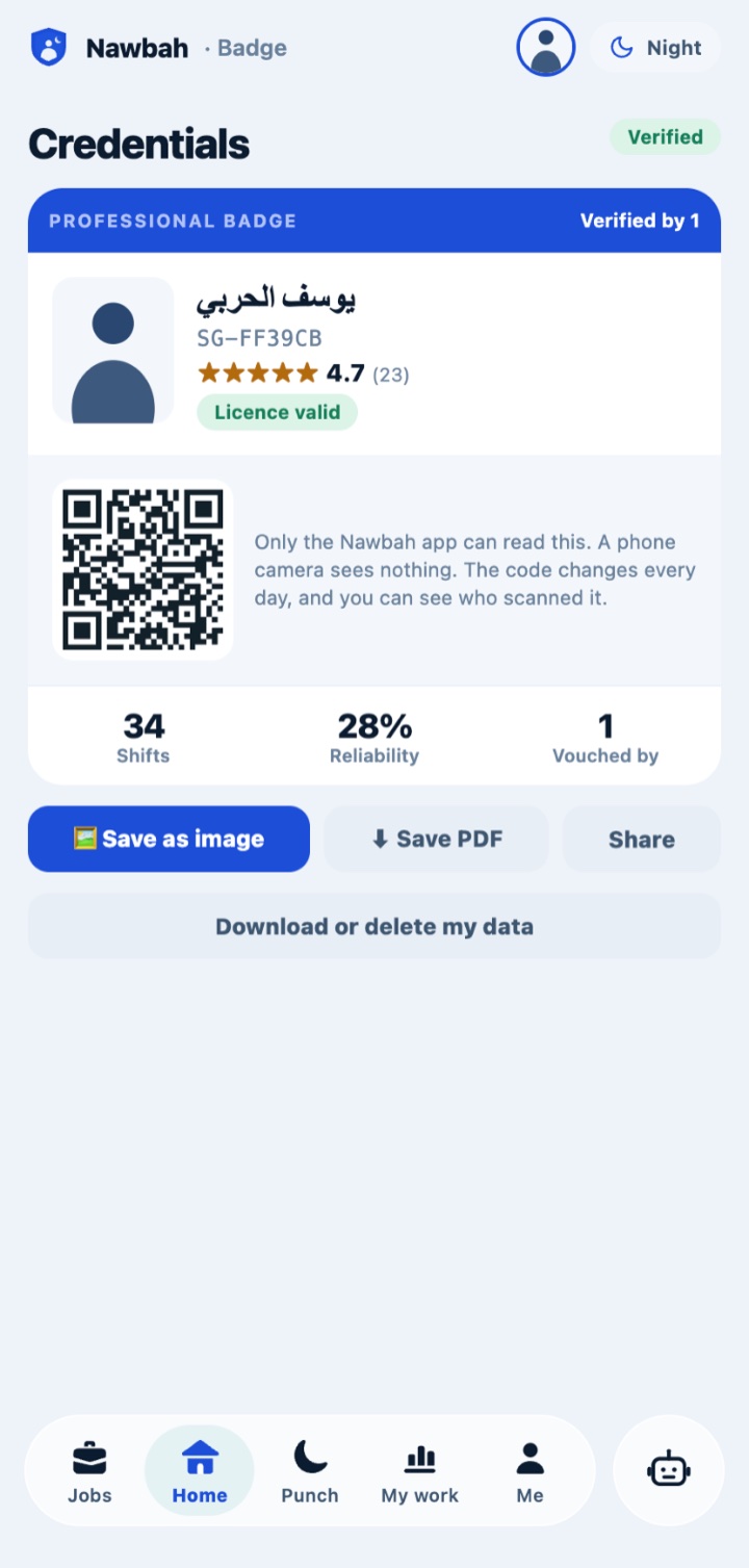 Verified digital badge with licence, rating and QR code