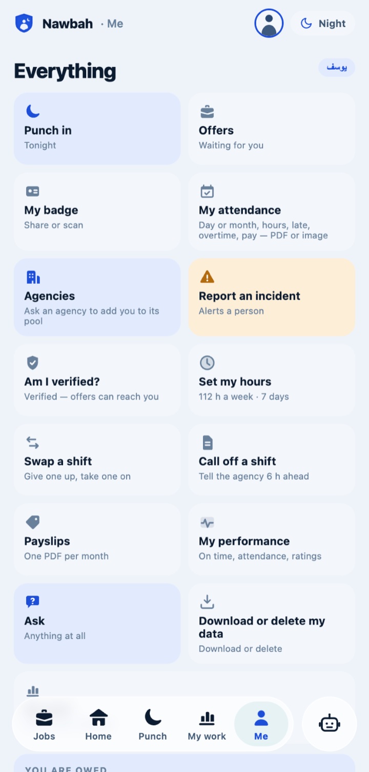 Everything in one place: punch in, call off, report an incident