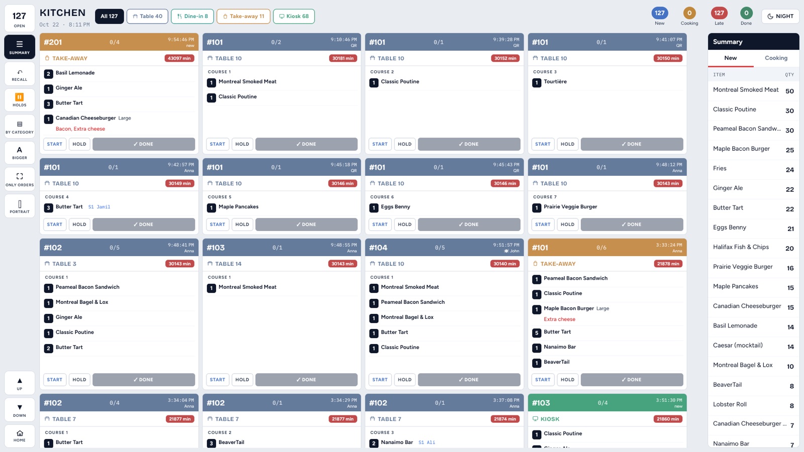 Kitchen screen: tickets by waiting time with start, hold and done, and a running summary of what the kitchen owes