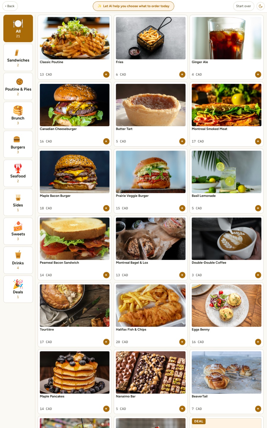 Kiosk menu: categories down the side, every dish with a photo and a price