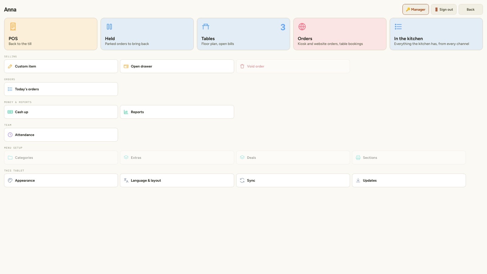 The till menu: held orders, tables, orders from every channel, cash up, reports, attendance and menu setup