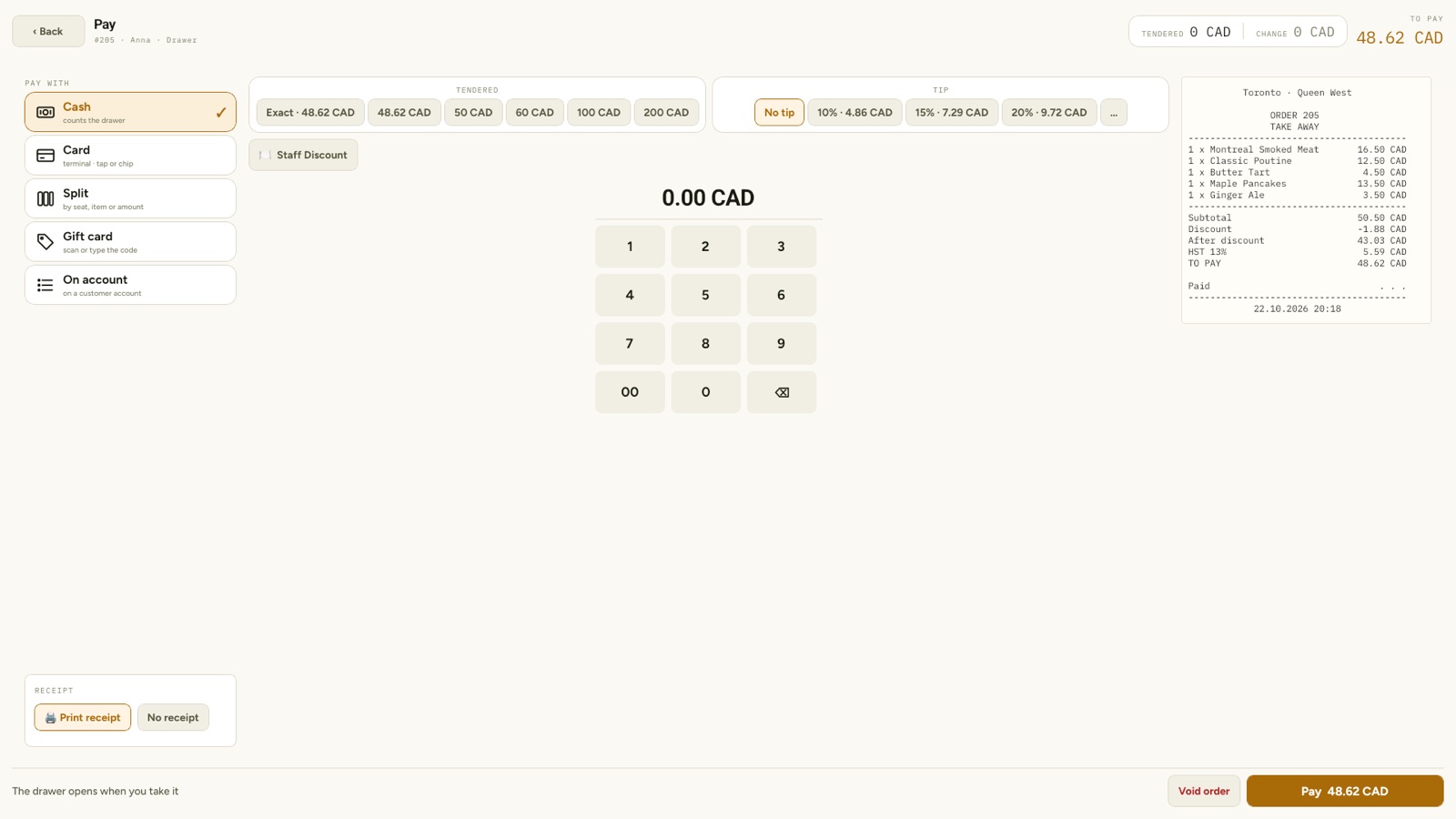 Pay screen: cash, card, split, gift card or account, tip buttons, and the receipt as it will print